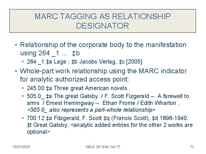 MARC TAGGING AS RELATIONSHIP DESIGNATOR • Relationship of the corporate body to the manifestation