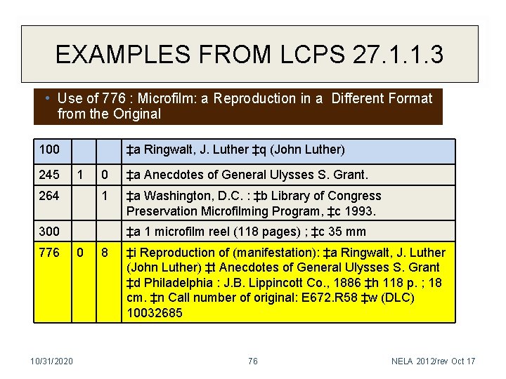 EXAMPLES FROM LCPS 27. 1. 1. 3 • Use of 776 : Microfilm: a