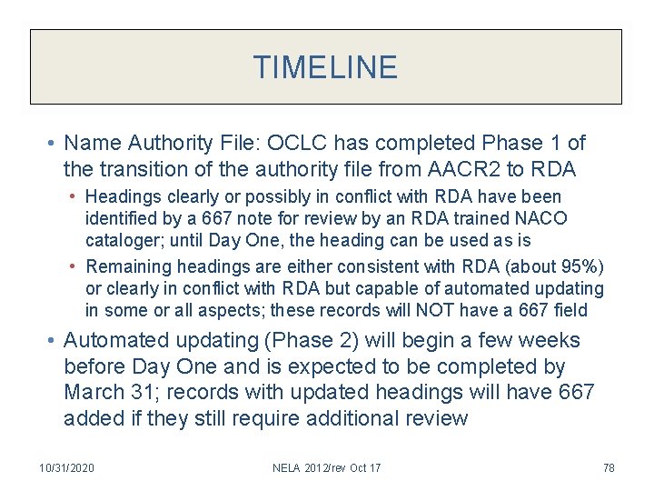 TIMELINE • Name Authority File: OCLC has completed Phase 1 of the transition of