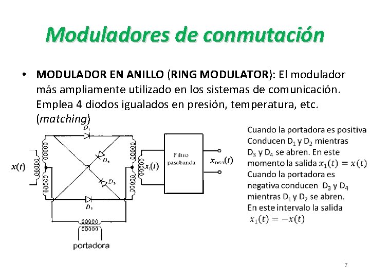 Moduladores de conmutación • MODULADOR EN ANILLO (RING MODULATOR): El modulador más ampliamente utilizado