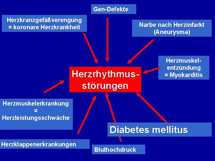 Gen-Defekte Herzkranzgefäßverengung = koronare Herzkrankheit Narbe nach Herzinfarkt (Aneurysma) Herzrhythmusstörungen Herzmuskelentzündung = Myokarditis Herzmuskelerkrankung