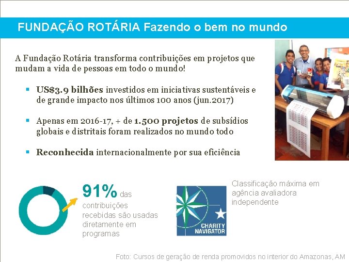 FUNDAÇÃO ROTÁRIA Fazendo o bem no mundo A Fundação Rotária transforma contribuições em projetos