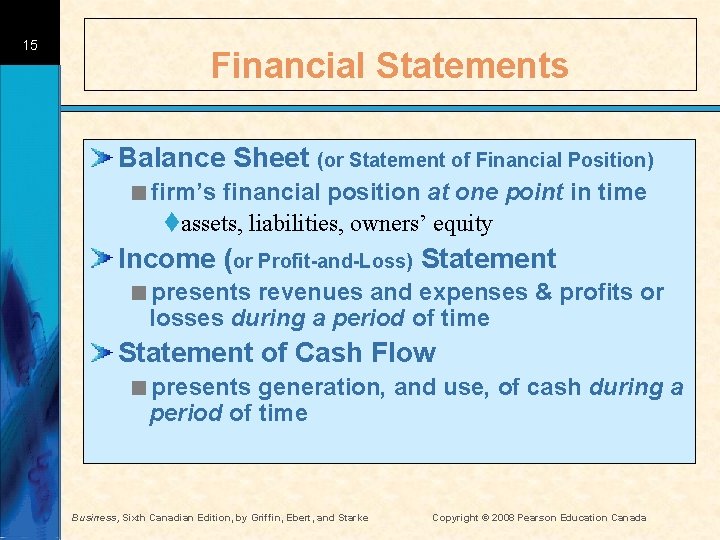 15 Financial Statements Balance Sheet (or Statement of Financial Position) <firm’s financial position at