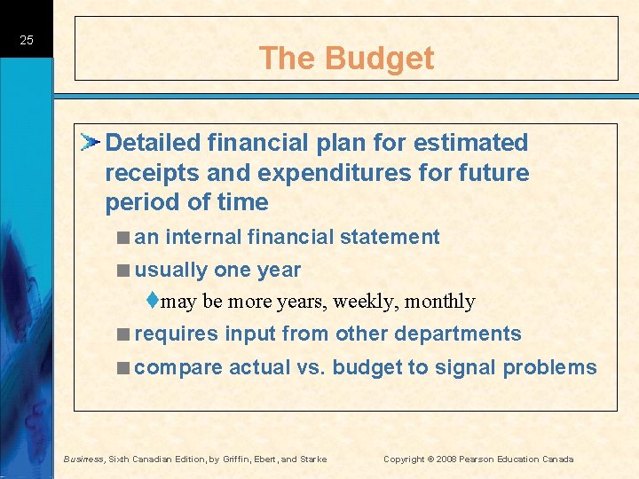 25 The Budget Detailed financial plan for estimated receipts and expenditures for future period