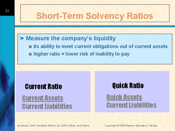 31 Short-Term Solvency Ratios Measure the company’s liquidity < its ability to meet current