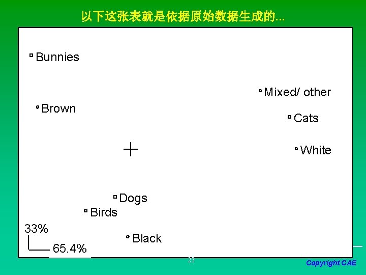 以下这张表就是依据原始数据生成的. . . Bunnies Mixed/ other Brown Cats White Dogs Birds 33% 65. 4%