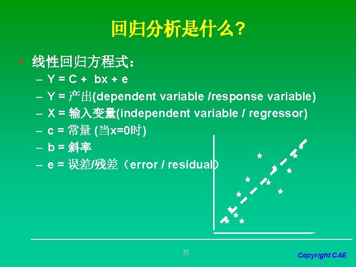 回归分析是什么? • 线性回归方程式： – – – Y = C + bx + e Y