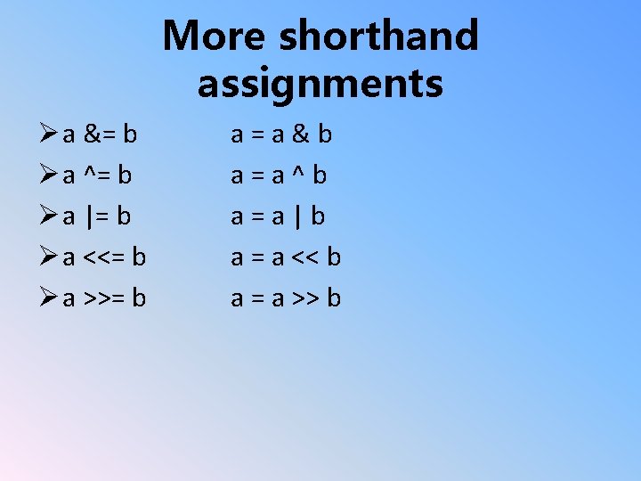 More shorthand assignments Ø a &= b Ø a ^= b Ø a |=