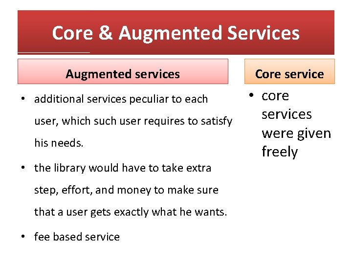 Core & Augmented Services Augmented services • additional services peculiar to each user, which