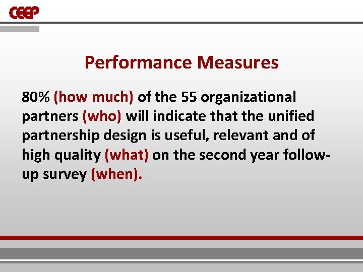 Performance Measures 80% (how much) of the 55 organizational partners (who) will indicate that Performance Measures 80% (how much) of the 55 organizational partners (who) will indicate that