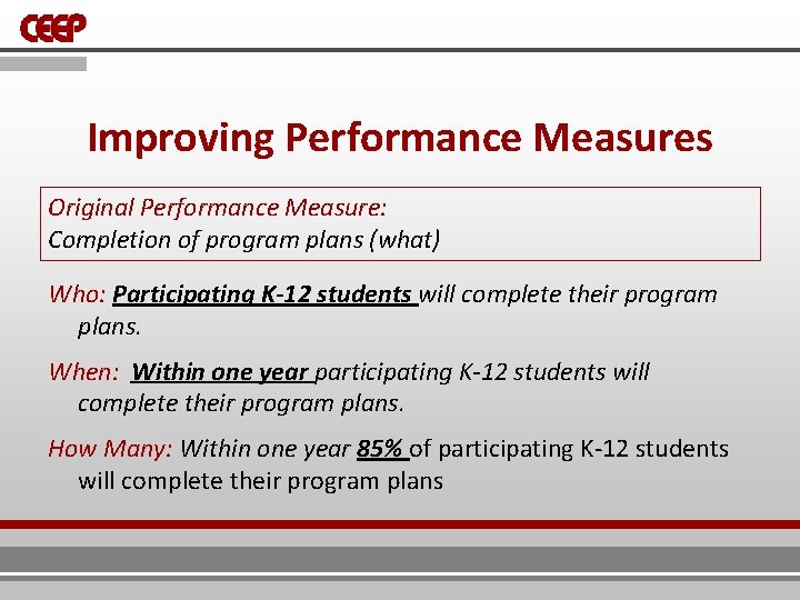 Improving Performance Measures Original Performance Measure: Completion of program plans (what) Who: Participating K-12 Improving Performance Measures Original Performance Measure: Completion of program plans (what) Who: Participating K-12