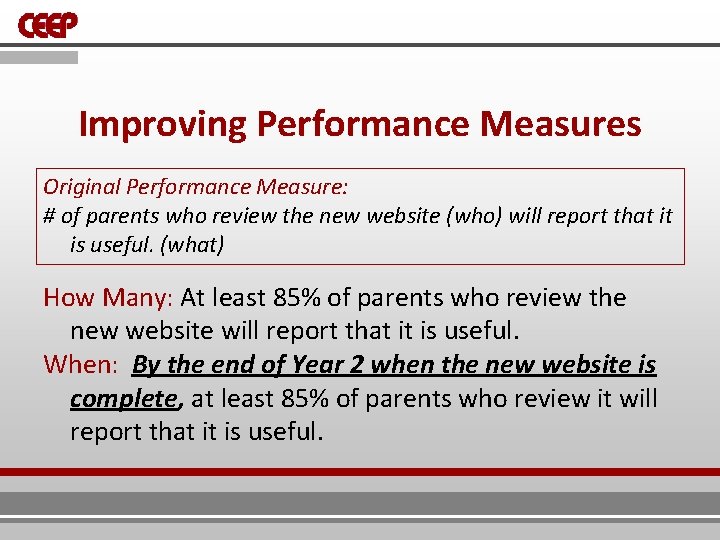 Improving Performance Measures Original Performance Measure: # of parents who review the new website Improving Performance Measures Original Performance Measure: # of parents who review the new website