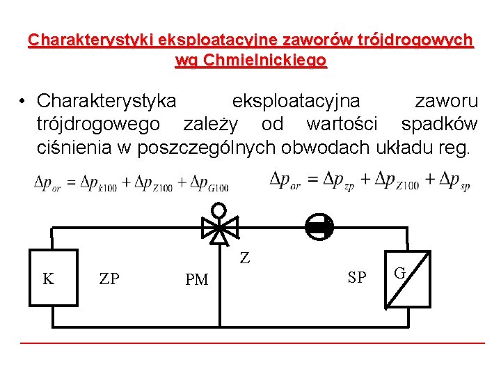 Charakterystyki eksploatacyjne zaworów trójdrogowych wg Chmielnickiego • Charakterystyka eksploatacyjna zaworu trójdrogowego zależy od wartości