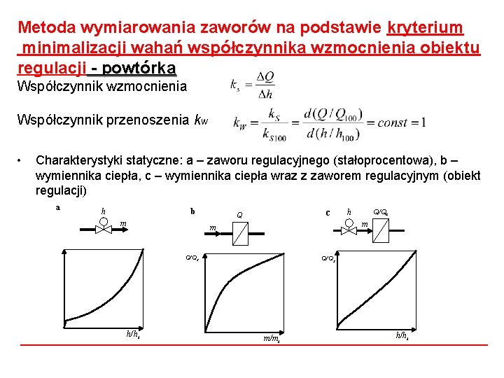 Metoda wymiarowania zaworów na podstawie kryterium minimalizacji wahań współczynnika wzmocnienia obiektu regulacji - powtórka