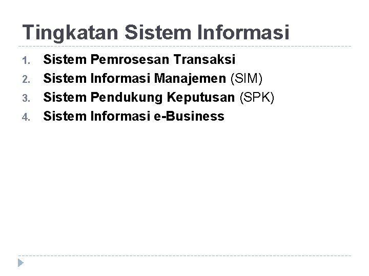 Tingkatan Sistem Informasi 1. 2. 3. 4. Sistem Pemrosesan Transaksi Sistem Informasi Manajemen (SIM)