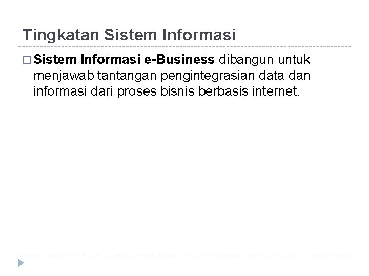 Tingkatan Sistem Informasi � Sistem Informasi e-Business dibangun untuk menjawab tantangan pengintegrasian data dan