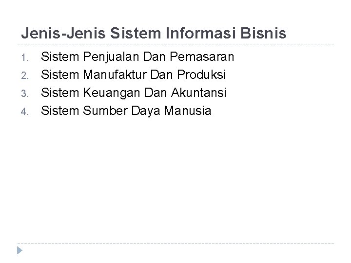 Jenis-Jenis Sistem Informasi Bisnis 1. 2. 3. 4. Sistem Penjualan Dan Pemasaran Sistem Manufaktur