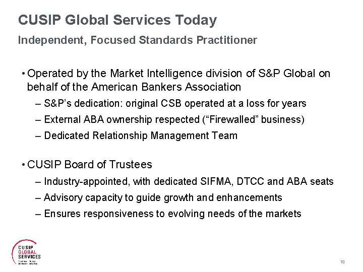 CUSIP Global Services Today Independent, Focused Standards Practitioner • Operated by the Market Intelligence