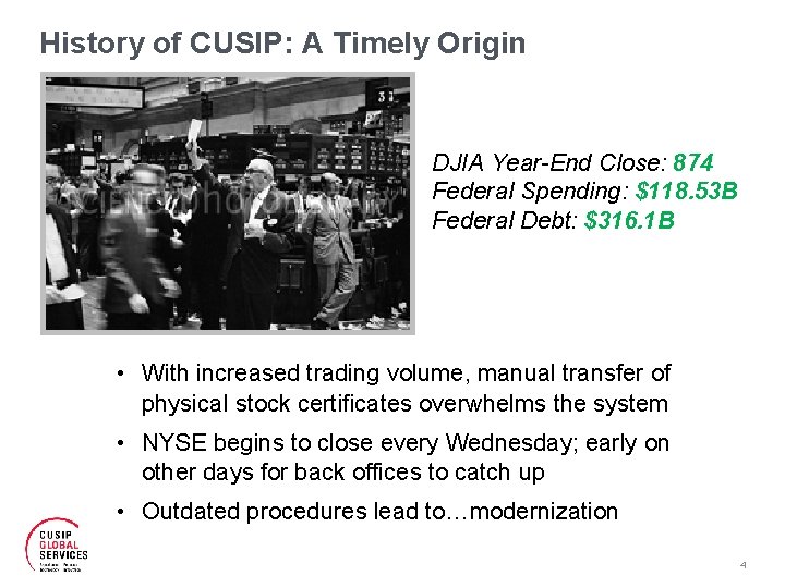 History of CUSIP: A Timely Origin DJIA Year-End Close: 874 Federal Spending: $118. 53