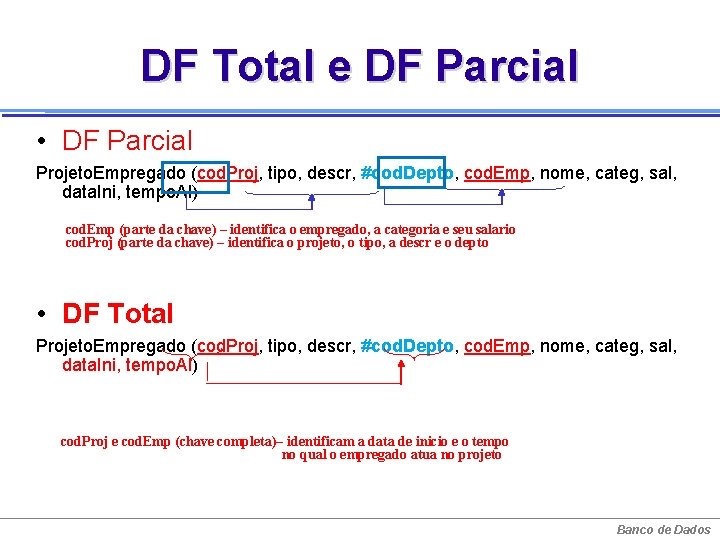 DF Total e DF Parcial • DF Parcial Projeto. Empregado (cod. Proj, tipo, descr,