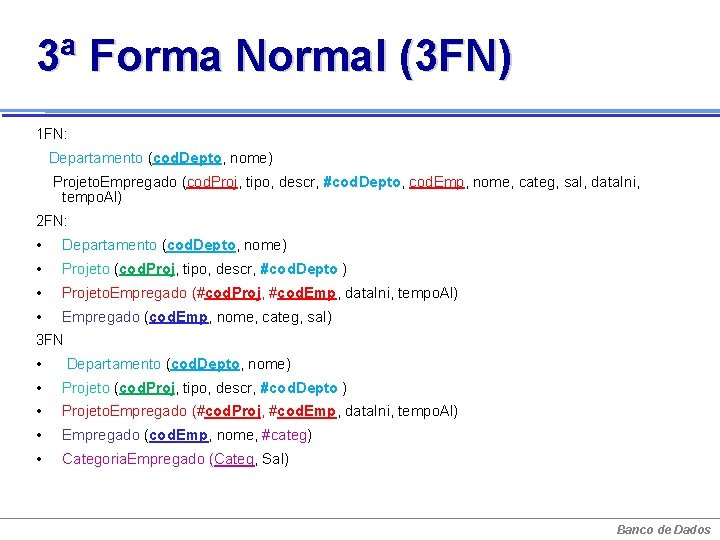 3ª Forma Normal (3 FN) 1 FN: Departamento (cod. Depto, nome) Projeto. Empregado (cod.