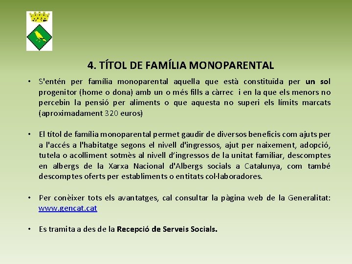 4. TÍTOL DE FAMÍLIA MONOPARENTAL • S'entén per família monoparental aquella que està constituïda