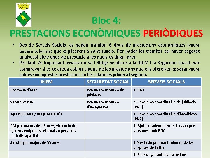 Bloc 4: PRESTACIONS ECONÒMIQUES PERIÒDIQUES • Des de Serveis Socials, es poden tramitar 6