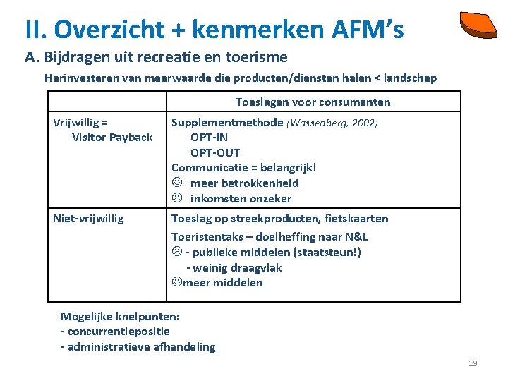 II. Overzicht + kenmerken AFM’s A. Bijdragen uit recreatie en toerisme Herinvesteren van meerwaarde