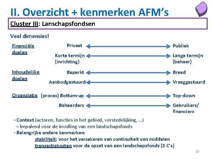 II. Overzicht + kenmerken AFM’s Cluster III: Lanschapsfondsen Veel dimensies! Financiële doelen Inhoudelijke doelen