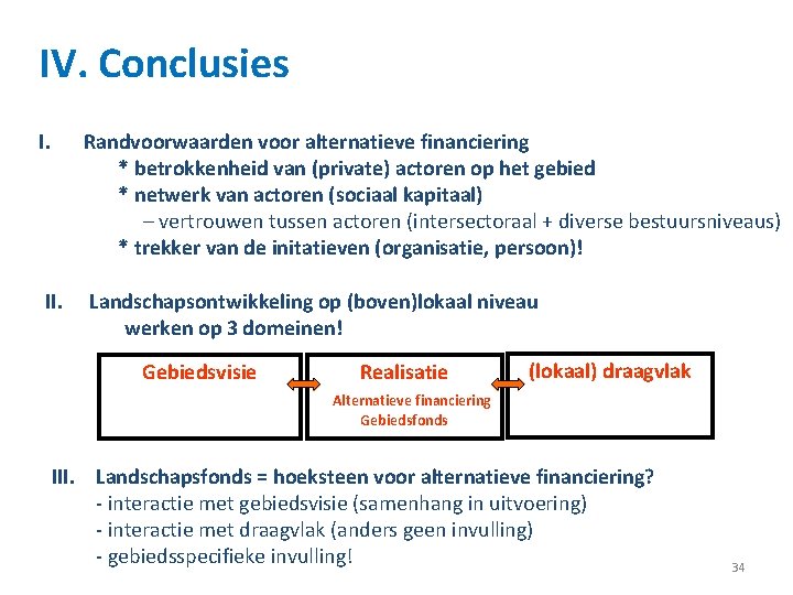 IV. Conclusies I. Randvoorwaarden voor alternatieve financiering * betrokkenheid van (private) actoren op het