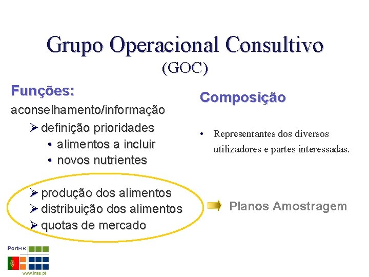 Grupo Operacional Consultivo (GOC) Funções: aconselhamento/informação Ø definição prioridades • alimentos a incluir •