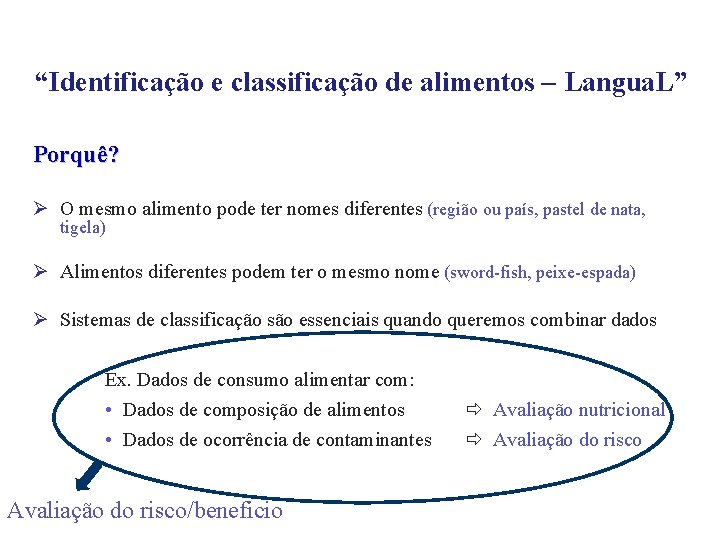 “Identificação e classificação de alimentos – Langua. L” Porquê? Ø O mesmo alimento pode