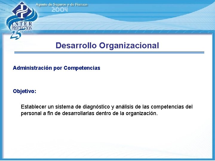 Desarrollo Organizacional Administración por Competencias Objetivo: Establecer un sistema de diagnóstico y análisis de