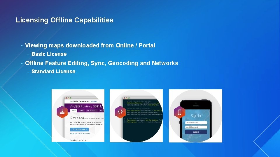 Licensing Offline Capabilities • Viewing maps downloaded from Online / Portal - • Basic