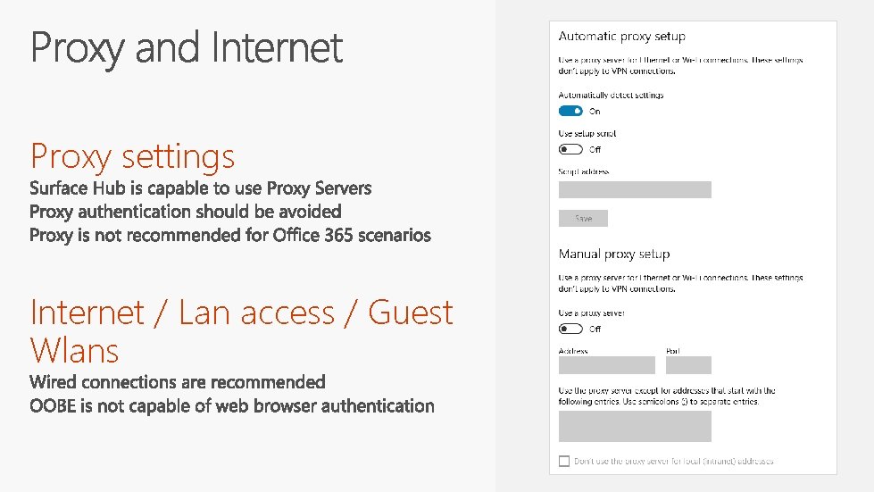Proxy settings Internet / Lan access / Guest Wlans 