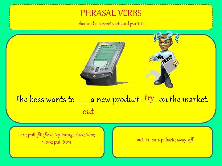 PHRASAL VERBS choose the correct verb and particle try on the market. The boss