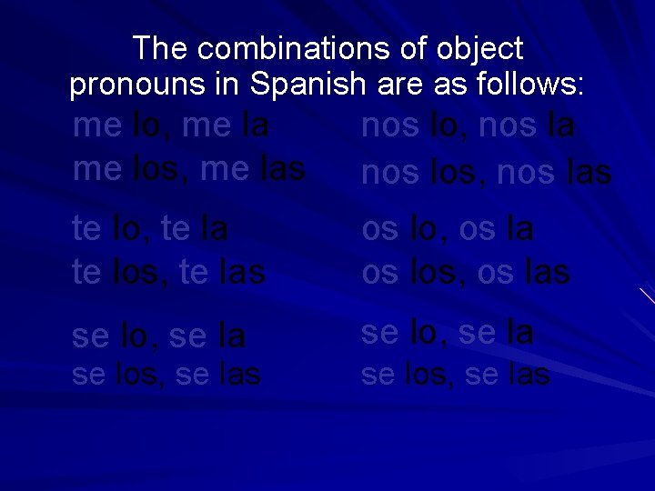 The combinations of object pronouns in Spanish are as follows: me lo, me la