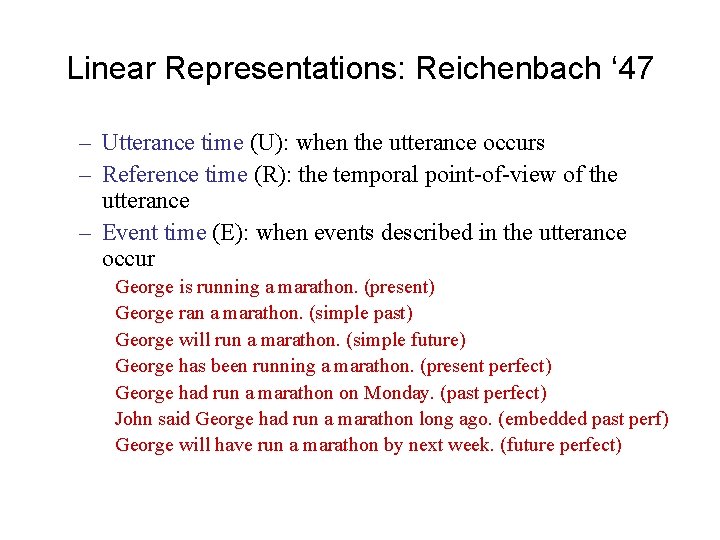 Linear Representations: Reichenbach ‘ 47 – Utterance time (U): when the utterance occurs –