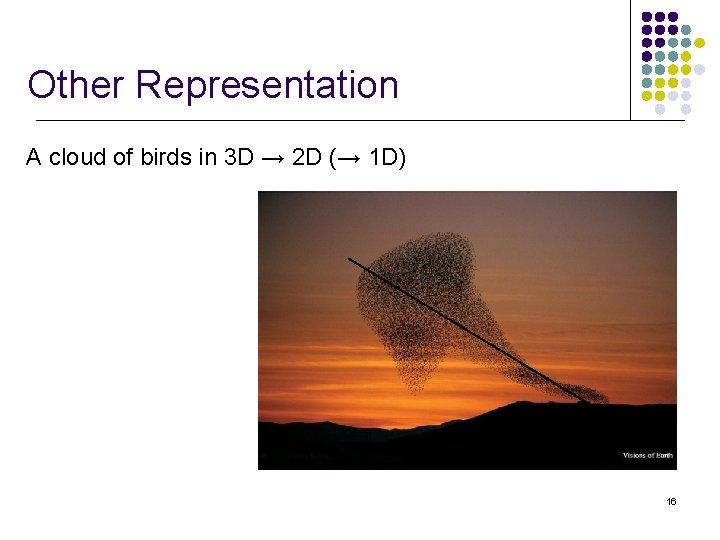 Other Representation A cloud of birds in 3 D → 2 D (→ 1