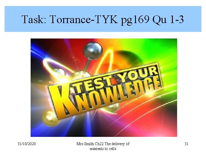 Task: Torrance-TYK pg 169 Qu 1 -3 31/10/2020 Mrs Smith Ch 22 The delivery