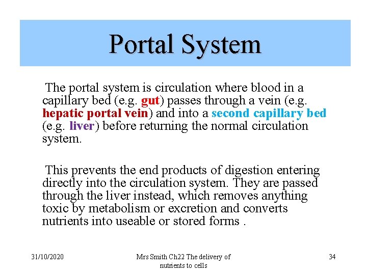 Portal System The portal system is circulation where blood in a capillary bed (e.