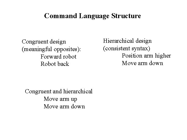 Command Language Structure Congruent design (meaningful opposites): Forward robot Robot back Congruent and hierarchical