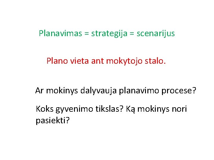 Planavimas = strategija = scenarijus Plano vieta ant mokytojo stalo. Ar mokinys dalyvauja planavimo