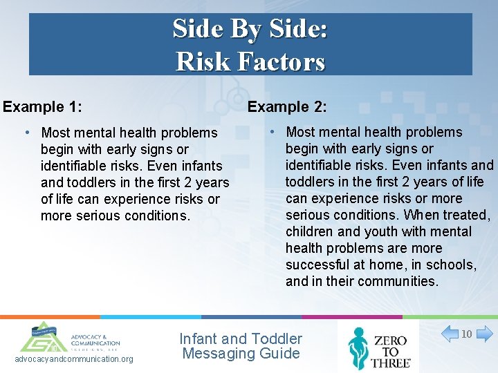 Side By Side: Risk Factors Example 2: Example 1: • Most mental health problems