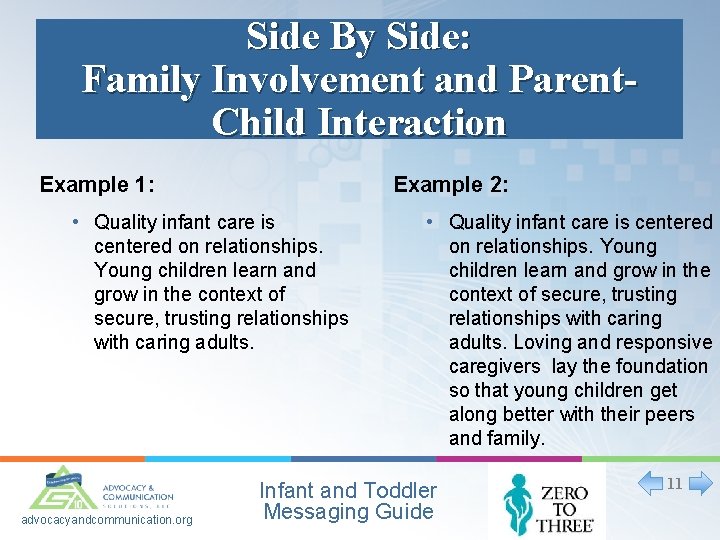 Side By Side: Family Involvement and Parent. Child Interaction Example 1: Example 2: •