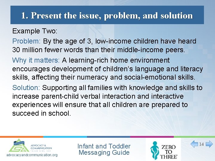 1. Present the issue, problem, and solution Example Two: Problem: By the age of