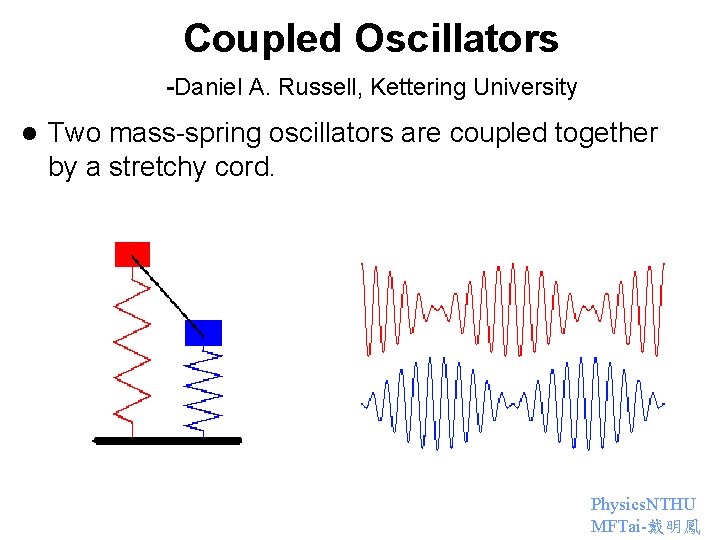 Coupled Oscillators -Daniel A. Russell, Kettering University l Two mass-spring oscillators are coupled together