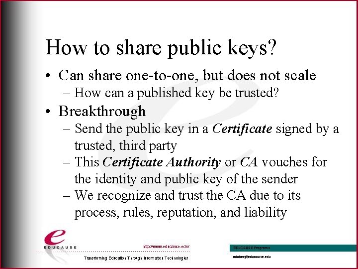 How to share public keys? • Can share one-to-one, but does not scale –