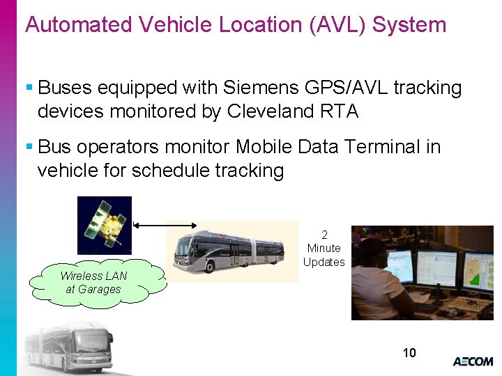 Automated Vehicle Location (AVL) System § Buses equipped with Siemens GPS/AVL tracking devices monitored