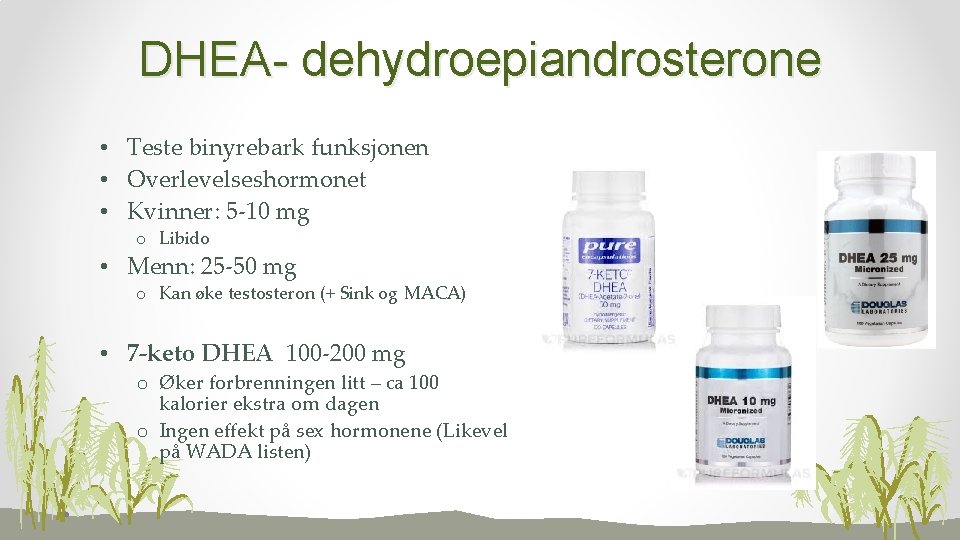 DHEA- dehydroepiandrosterone • Teste binyrebark funksjonen • Overlevelseshormonet • Kvinner: 5 -10 mg o